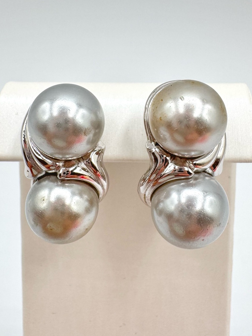 Vintage Trifari Silver Double Faux Pearl Stud Earrings Signed Classic Elegant
